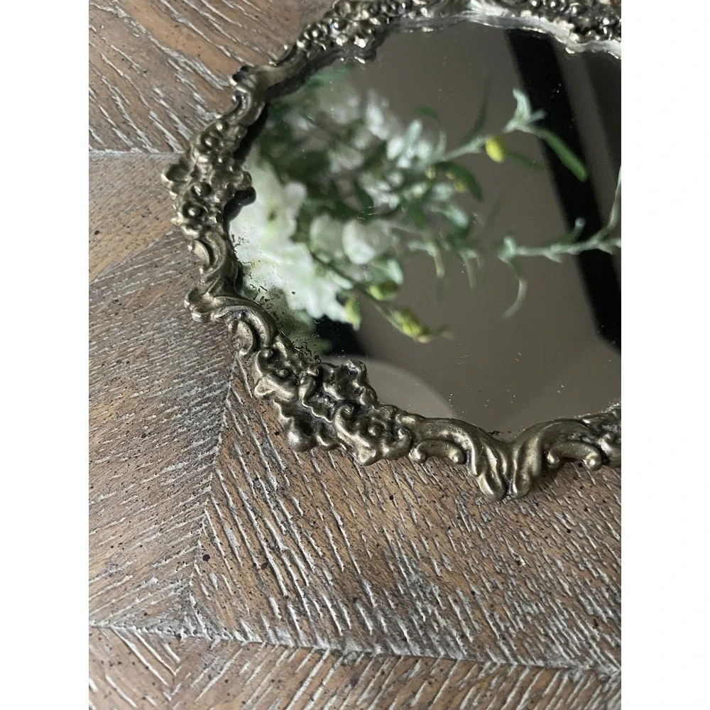 Vtg Ornate Round Silver Metal Sm Vanity or Decorative Mirror 7